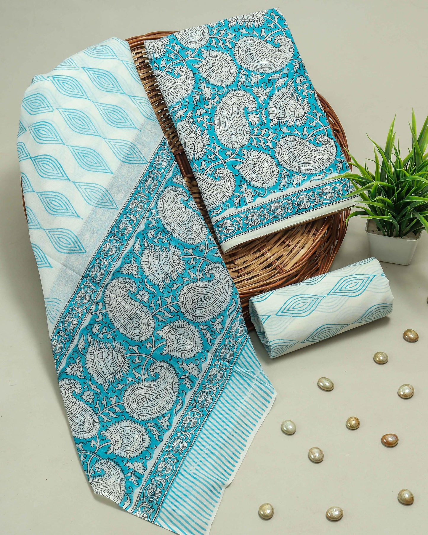 Blue Cotton Suit With Cotton Dupatta