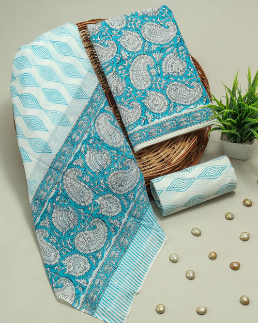 Blue Cotton Suit With Cotton Dupatta